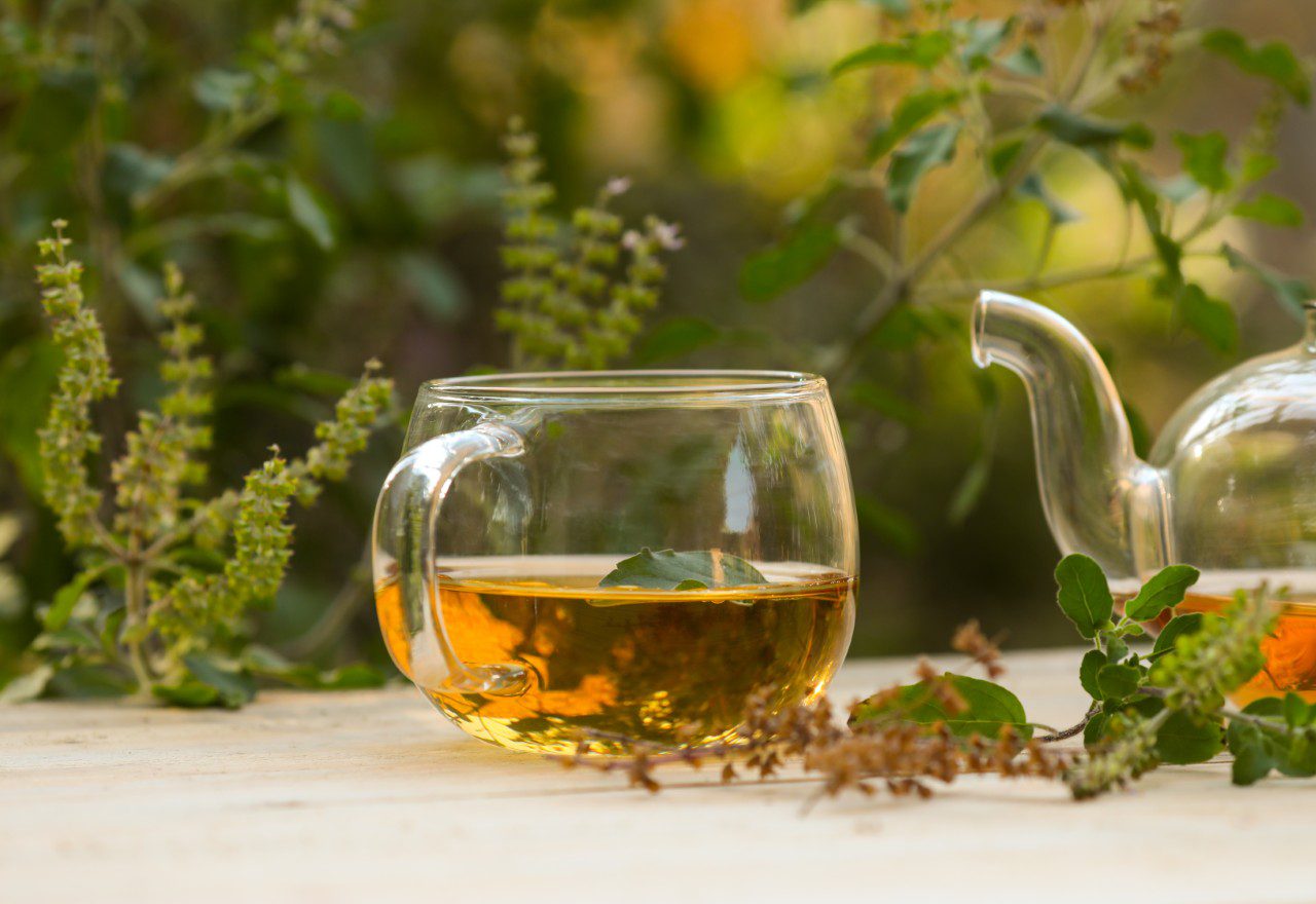 Herbal tea in glass cup with greenery